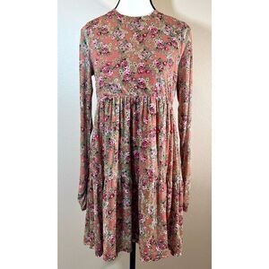 AFRM Floral Crew Neck Ruched Long Sleeve with Mesh Layer Women's Mini Dress S